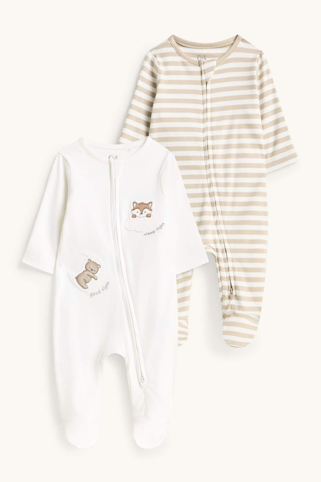 C&A sleepsuits with feet, fox and bear, 2-pack