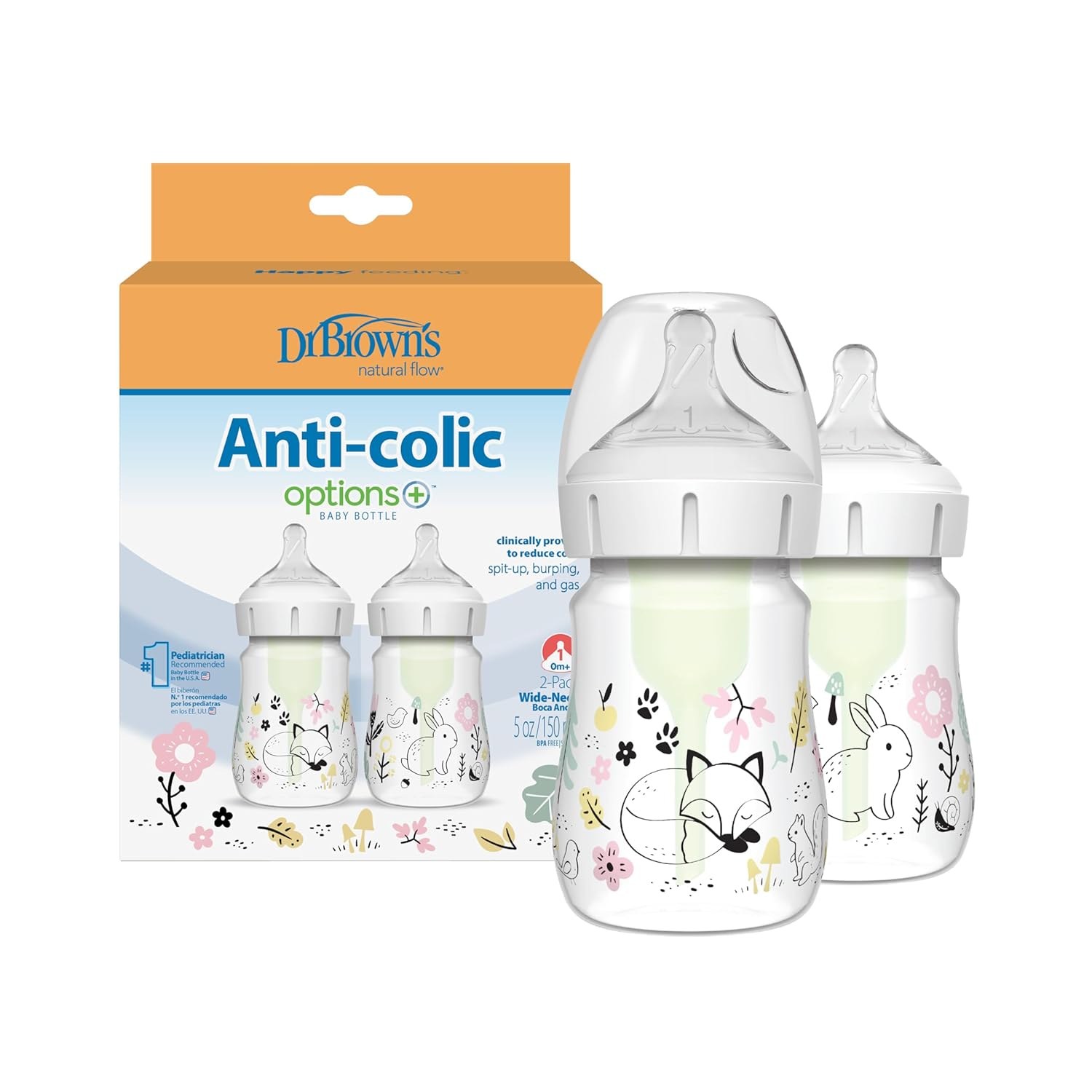 Dr. Brown's Natural Flow Anti-Colic Options+ wide-neck bottle 150 ml, Level 1 teat, 2-pack (Jungle designs)