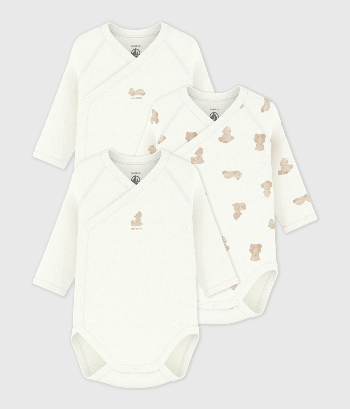 Petit Bateau wrap-over bodysuits, bear print, 3-pack